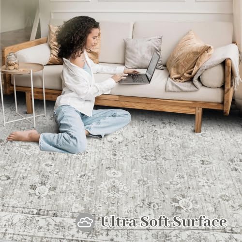 XLUEZ Area Rug 8x10 Living Room Rug, Machine Washable Vintage Distressed Boho Area Rug Non-Slip Soft Low Pile Large Indoor Rugs for Bedroom Kitchen Dining Room Office(Floral Grey,8'x10')