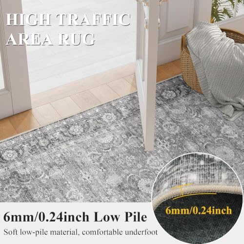 JOOJA 2x6 Grey Vintage Soft Low Pile Non Slip Washable Boho Runner Rug