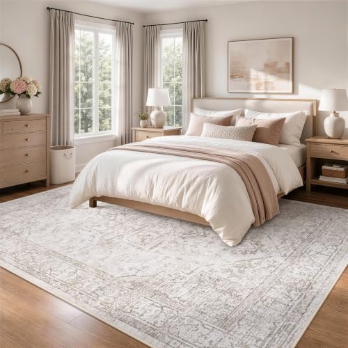 10x14 Washable Area Rugs for Bedroom Beige Brown Non-Slip Rug
