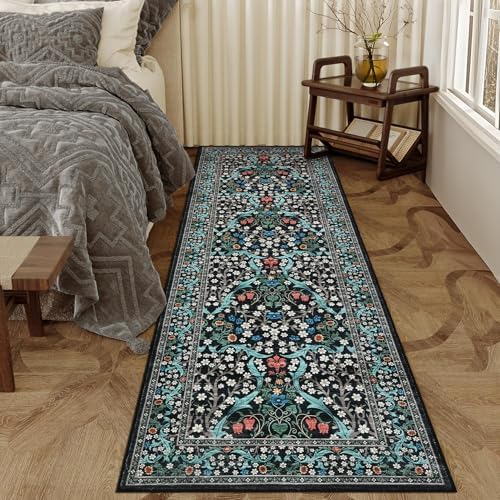 GarveeHome Floral Hallway Runner Rug, 2.5x8 Kitchen Runner Rugs, Washable Non Slip Entryway Rugs Indoor, Ultra-Thin Stain Resistant Carpet Floor Mat for Laundry Room, Black