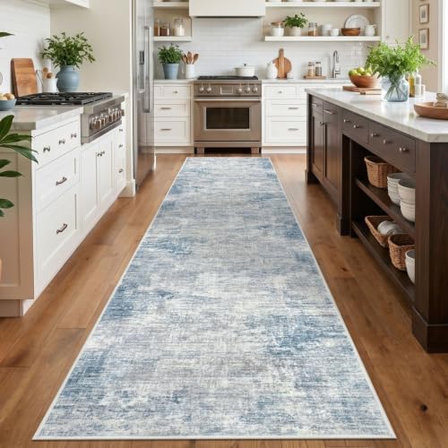 IOHOUZE Abstract Runner Rug 3x14 Ft Washable Runners for Hallways, Non Slip Kitchen Runner Printed Faux Wool Entryway Runner Indoor, Modern Abstract Floor Carpet for Hall Stair, Light Blue Grey