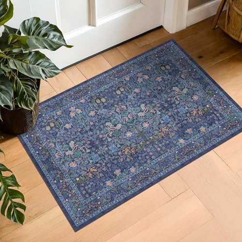 Navy Blue Washable 2x3 Entry Rug - Small Front Door Mats Indoor, Non-Slip Boho Bathroom Rugs, Vintage Dark Decor for Kitchen, Entryway