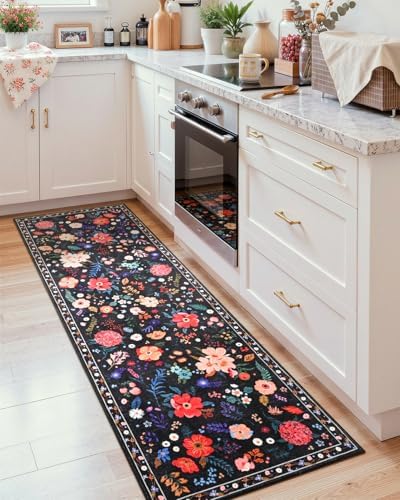 Macgace Floral Area Rug for Hallway, Washable 2x8 Black Runner Rugs
