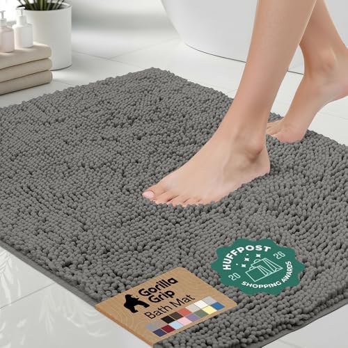 GORILLA GRIP Bath Rug Mat for Bathroom, Absorbent Chenille, 60x24 Charcoal