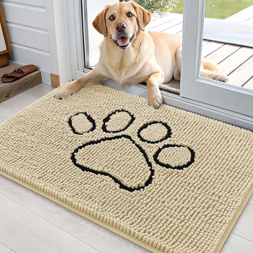OLANLY Dog Door Mat for Muddy Paws 36x24, Paw Print Design Chenille Mud Mat