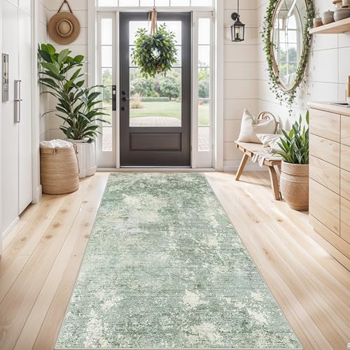 4x8 Washable Indoor Entryway Rug Non-Slip Rubber Backed Floor Mat for Kitchen, Hallway, Bedroom Modern Abstract Low-Pile Thin Wide Carpet Runner for Bathroom, Living Room, Office (Sage Green, 4x8)