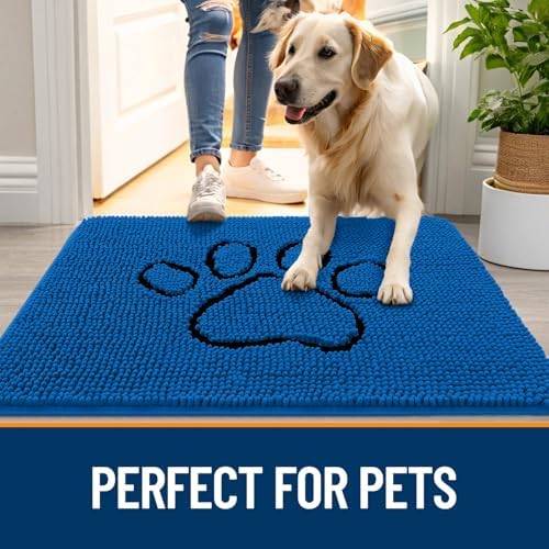OLANLY Dog Door Mat for Muddy Paws 30x20, Paw Print Design Chenille Mud Mat