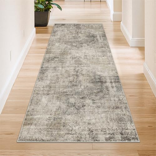 Modern Runner Rugs for Hallway 2x6, Medallion Abstract Runners for Kitchen Floor, Entryway, Washable Non Slip with Rubber Backing, Low Pile Stain Resistant Carpet (Taupe Brown), Distressed Design