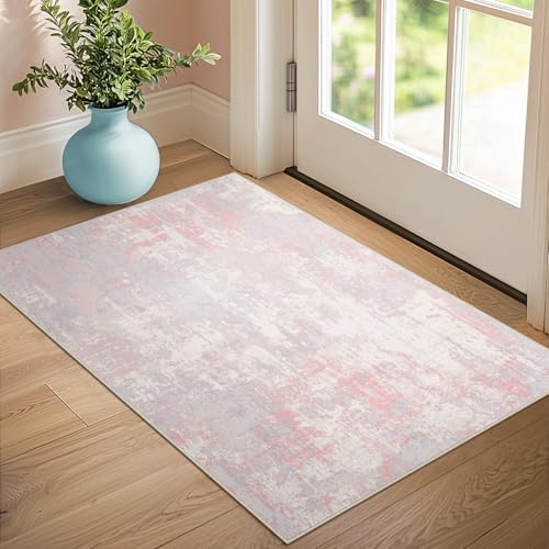 RELEANY Washable 3'x5' Abstract Area Rug for Living Room Gray Pink
