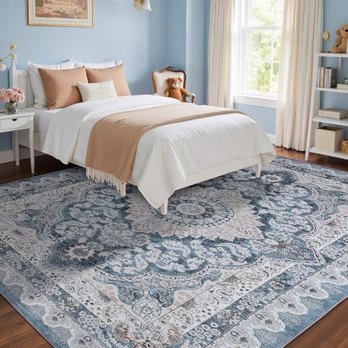 Macgace Washable Vintage Area Rug for Living Room, 6x9 Rugs Blue & Beige