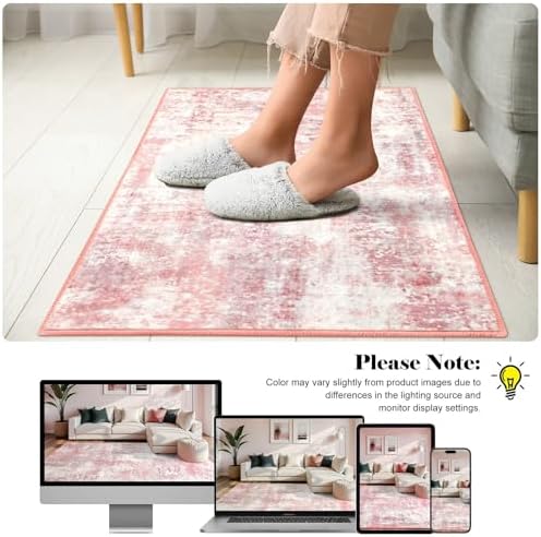 Macgace Washable Abstract Area Rug for Entryway, 2x3 Small Rugs Pink