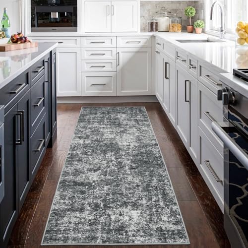 Aelenmu Runner Rugs for Hallways Kitchen 2.6x8 Non Slip Washable Black Grey