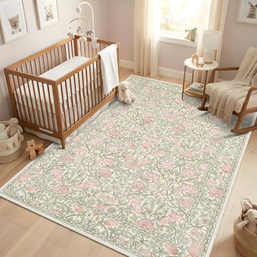 GarveeHome Pink Green Beige Floral Washable Rug 5x7 for Bedroom Living Room