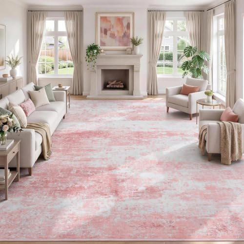 8x10 Area Rug for Living Room, Abstract Washable Large Rugs,Dusty Pink
