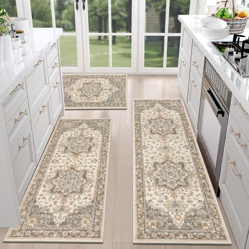 HEBE Boho Kitchen Rugs Set of 3, Non Slip Washable Kitchen Mats for Floor