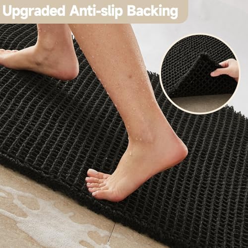 TYUU Black Waffle Bath Mat, Small Boho Bathroom Rugs Non Slip 24x16