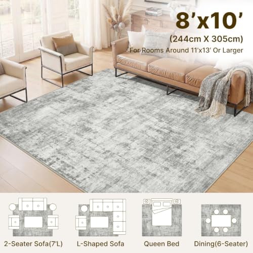 8x10 Area Rugs Washable Abstract Rug for Living Room Bedroom Grey