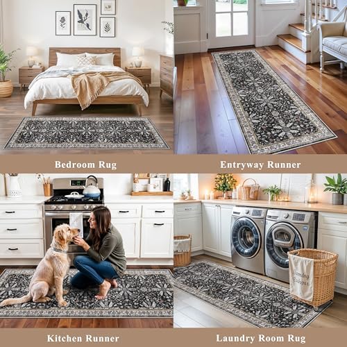 Kitchen Rug Sets 4-Piece with Runner – Washable Non-Slip Floor Mats for Sink, Entryway, Hallway, Bathroom – Soft Low-Pile Thin Boho Floral Rugs, New Home Decor (Black, 2x3+2x4+2x5+2x6)