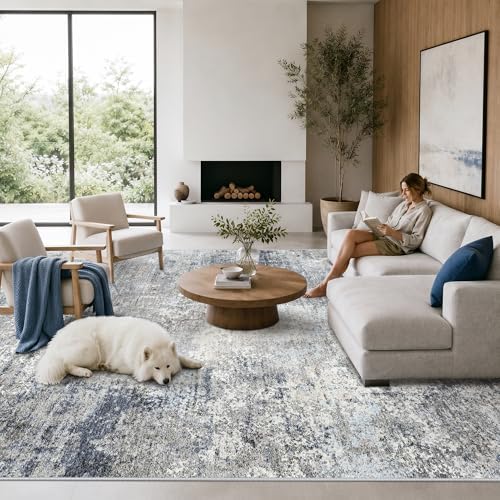 12x14 Living Room Area Rug – Washable Non-Slip Soft Large Room Rugs for Bedroom Dining Room, Modern Neutral Abstract Low Pile Thin Indoor Carpet（Blue Grey, 12x14）