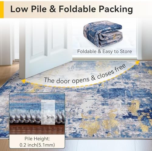 RELEANY Washable Runner 2'6"x14' Abstract Area Rug for Hallway Blue Gold