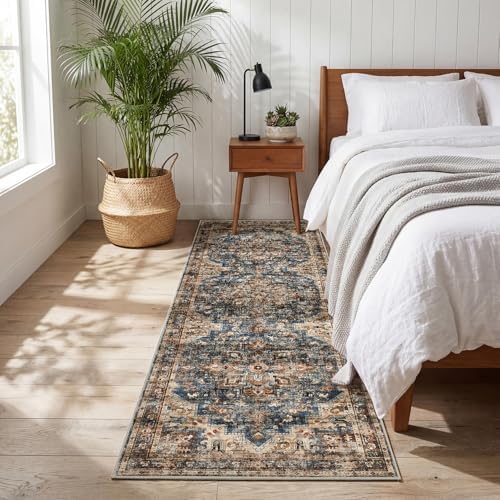 GarveeHome Washable Rug Runner 2x8 Vintage Runners for Hallways Blue&Brown