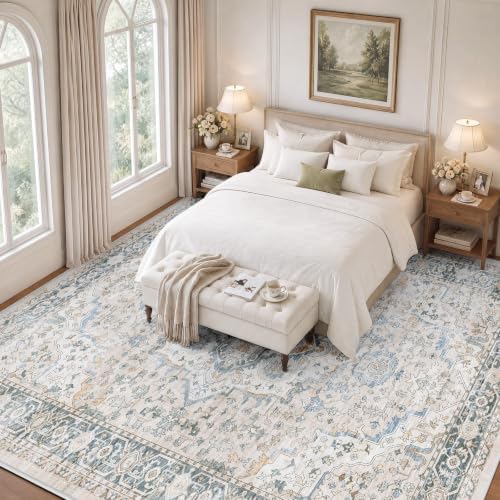 SameBed 9x12 Area Rug Living Room, Vintage Washable Carpet Grey Blue