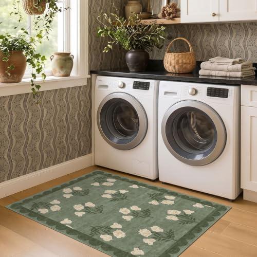 3x4 Floral Entry Rug - Small Washable Indoor Outdoor Mats for Front Door Non-Slip Spring Porch Rug Sage Green Farmhouse Throw Rugs for Living Room Bedroom Entryway Kitchen Office Porch Decor