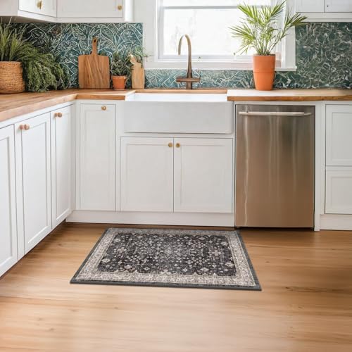 Black Washable 2x3 Entry Rug, Small Rugs for Entryway Kitchen Bathroom Door Mat Indoor Entrance, Non Slip Rubber Backing, Stain & Fade Resistant, Ashen Charcoal Floral Farmhouse Decor