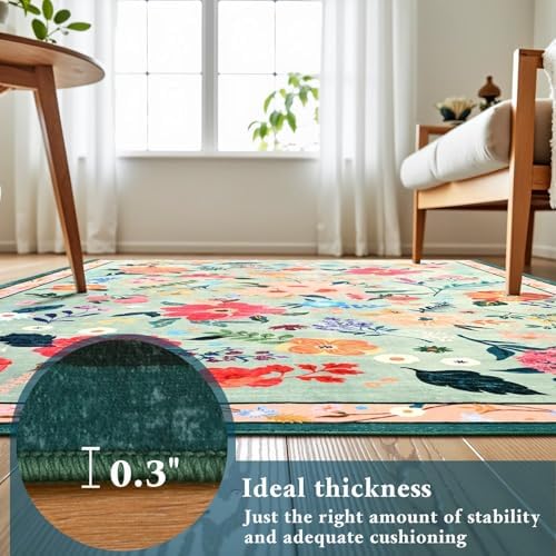 Macgace Floral Area Rug for Kitchen, Washable 2x6 Light Green Runner Rugs