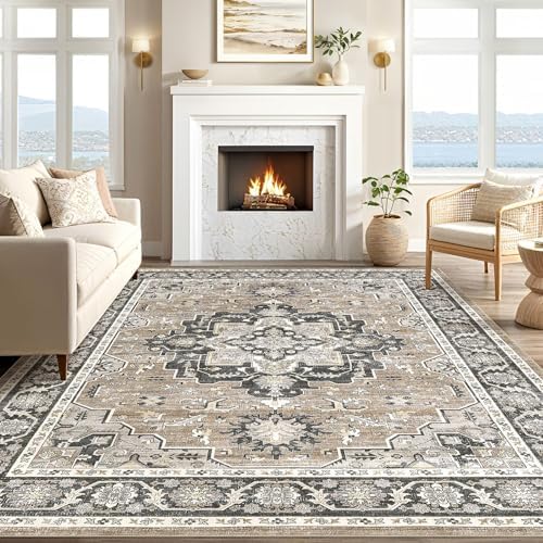cotiled 5x8 Area Rug for Living Room, Washable, Traditional, Black Brown