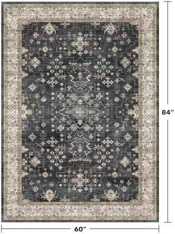 Black Boho Living Room Rug 5x7, Washable Dark Vintage Moody Low Pile Non Slip Carpet for Bedroom, Dinning Room, Office, Farmhouse, Retro Area Rug Indoor Decor (5x7 Black/Multi)