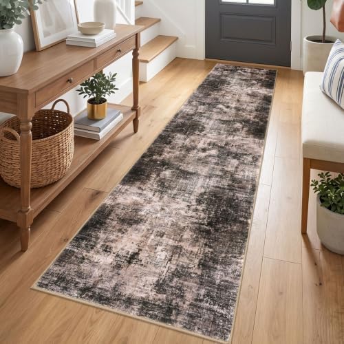 IOHOUZE Abstract Runner Rug 2x7 Ft Washable Runners for Hallways, Non Slip Kitchen Runner Printed Faux Wool Entryway Runners Indoor, Modern Abstract Floor Carpet for Hall Kitchen Bedroom, Brown/Rust
