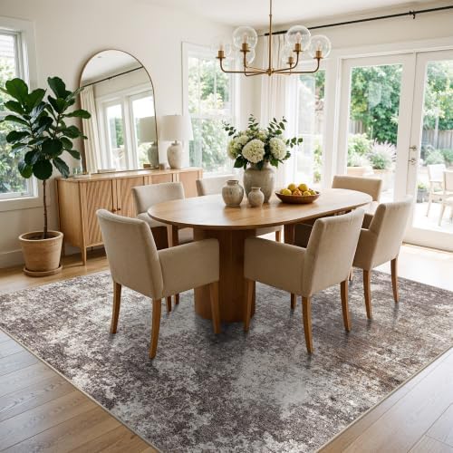Square Area Rug 6x6 Washable – Non Slip Modern Abstract for Kitchen Dining Room Living Room – Low Pile Thin Soft Indoor Rug (Brown Beige, 6ft)