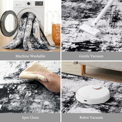 Rugflix 5x7 Area Rugs for Living Room, Washable Black Grey Dark Large Rug