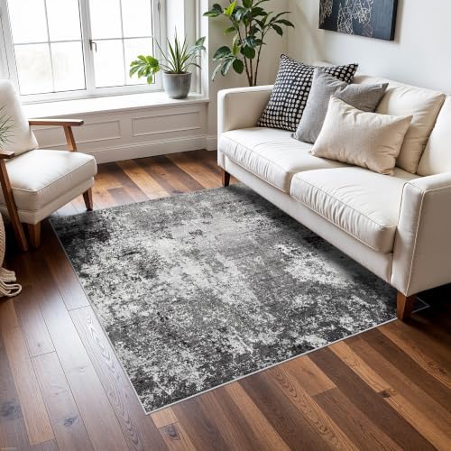 5x5 Rug Square for Living Room – Machine Washable Non-Slip Area Rug for Kitchen Entryway Bathroom – Modern Neutral Abstract Soft 5ft Indoor Carpet (Black Grey, 5x5)