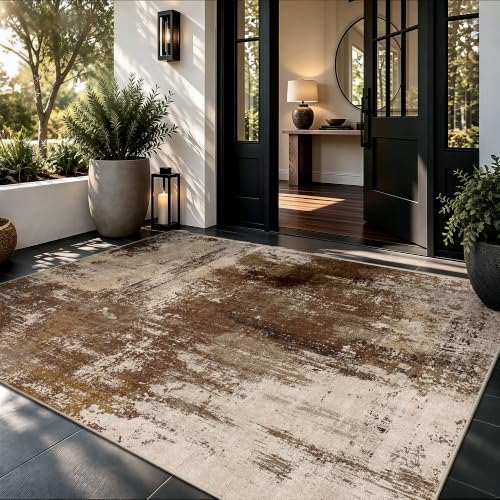 3x5 Rugs for Entryway - Modern Abstract Washable Rug, Ultra Soft Non Slip Low Pile Small Rug, Floor Carpet for Foyer Hallway Kitchen Laundry Bedroom Home(A‑Brown)
