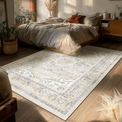 Washable Living Room Area Rug: 4x6 Bedroom Rug Non Slip Soft Boho Carpet