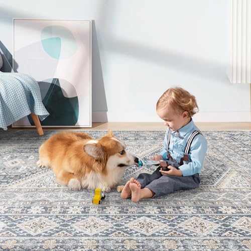 2x3 Area Rug Washable Vintage: Non Slip Throw Rugs for Entryway Floor Blue