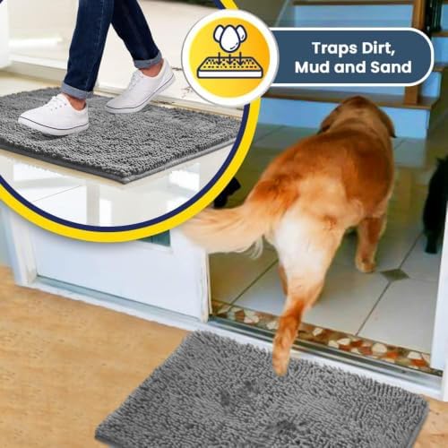 Muddy Mat® | Super Water Absorbent Door Mat Indoor, Microfiber Quick Dry Chenille Entryway Rug, Slip Resistant Front Door Mat, Indoor Mats for Entryway, Machine Washable Pet Rug, Light Grey 36" x 46"