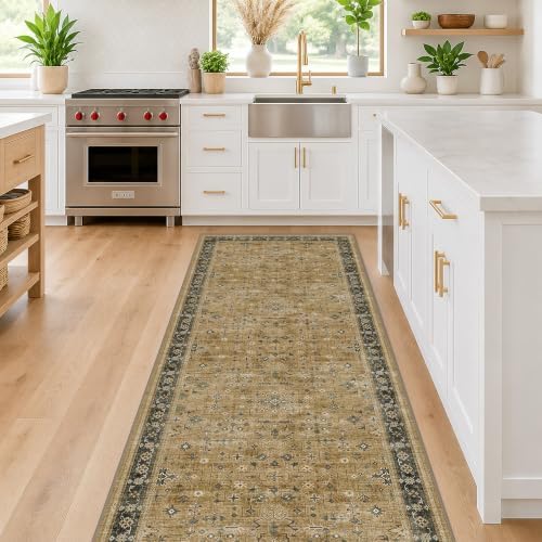Washable Long Runners for Hallways, 2'6"x8' Wide Kitchen Runner Rug, Bohemian Rustic Brown and Charcoal Olive Entryway Indoor Rug, Non-Slip Stain & Fade Resistant