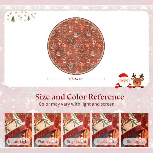 5x5 Washable Round Rugs for Living Room, Red Christmas Bedroom Area Rug
