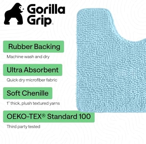 GORILLA GRIP Chenille Bath Rug Mat for Square Toilet Base, 24x19 Sky Blue