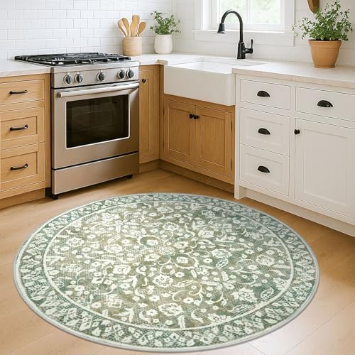 Vintage Washable Round Rug 5ft Circle Rug for Living Room,Entryway