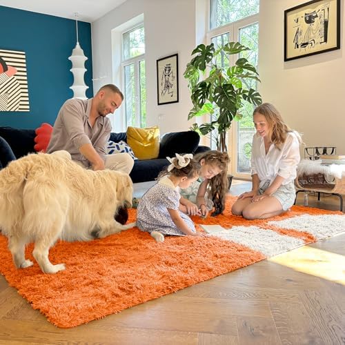 OLANLY 6x9 Machine Washable Large Area Rugs for Living Room, Bedroom, Soft Fluffy Shaggy Bedside Rug, Indoor Floor Carpet for Kids Girls and Boys, Dorms, Nursery, Home Decor Aesthetic, Orange