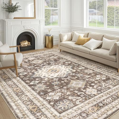 cotiled 7x10 Area Rug for Living Room, Washable, Traditional, Dark Brown