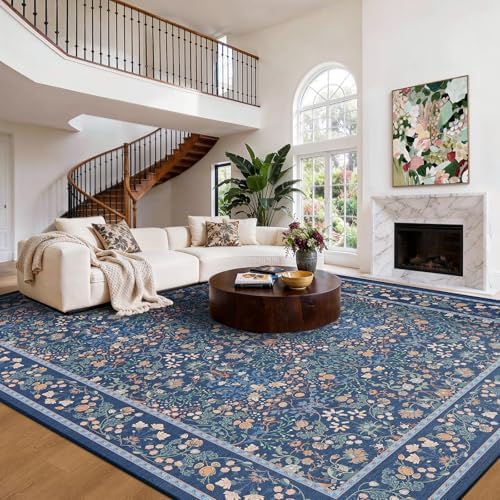 Amada Floral Washable Area Rug,8'x10',Dark Blue