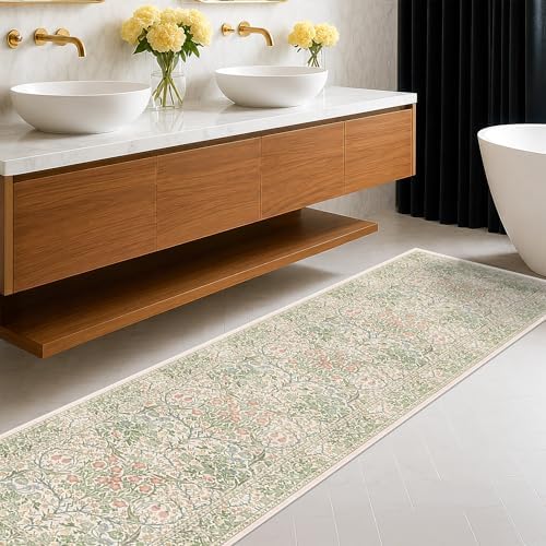 Beige Green Washable 2x8 Rug Runner Non Slip for Kitchen, Bathroom, Hallway