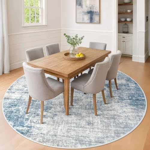 IOHOUZE Abstract Round Area Rug 8 Ft Washable Circle Rugs Large Round Rug Non Slip Thin Soft Circle Rugs, Printed Faux Wool Floor Carpet for Bedroom Living Room Dining Room Nursery, Light Blue Grey
