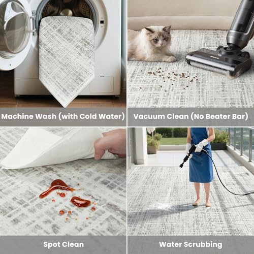 4x6 Washable Area Rug for Living Room Bedroom: Non-Slip Modern White Gray