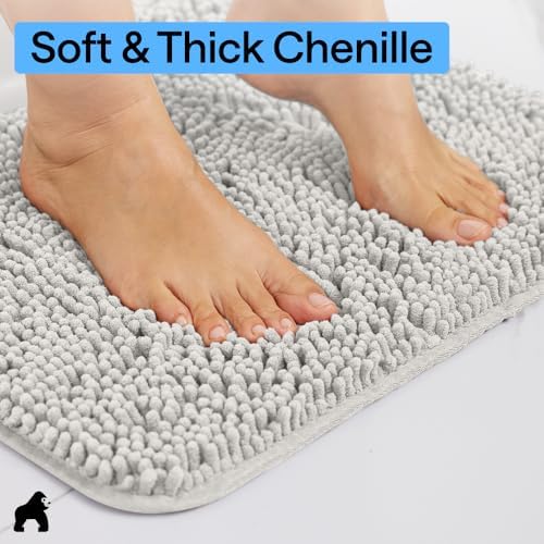 GORILLA GRIP Bath Rug Mat for Bathroom, Absorbent Chenille 70x24 Light Gray